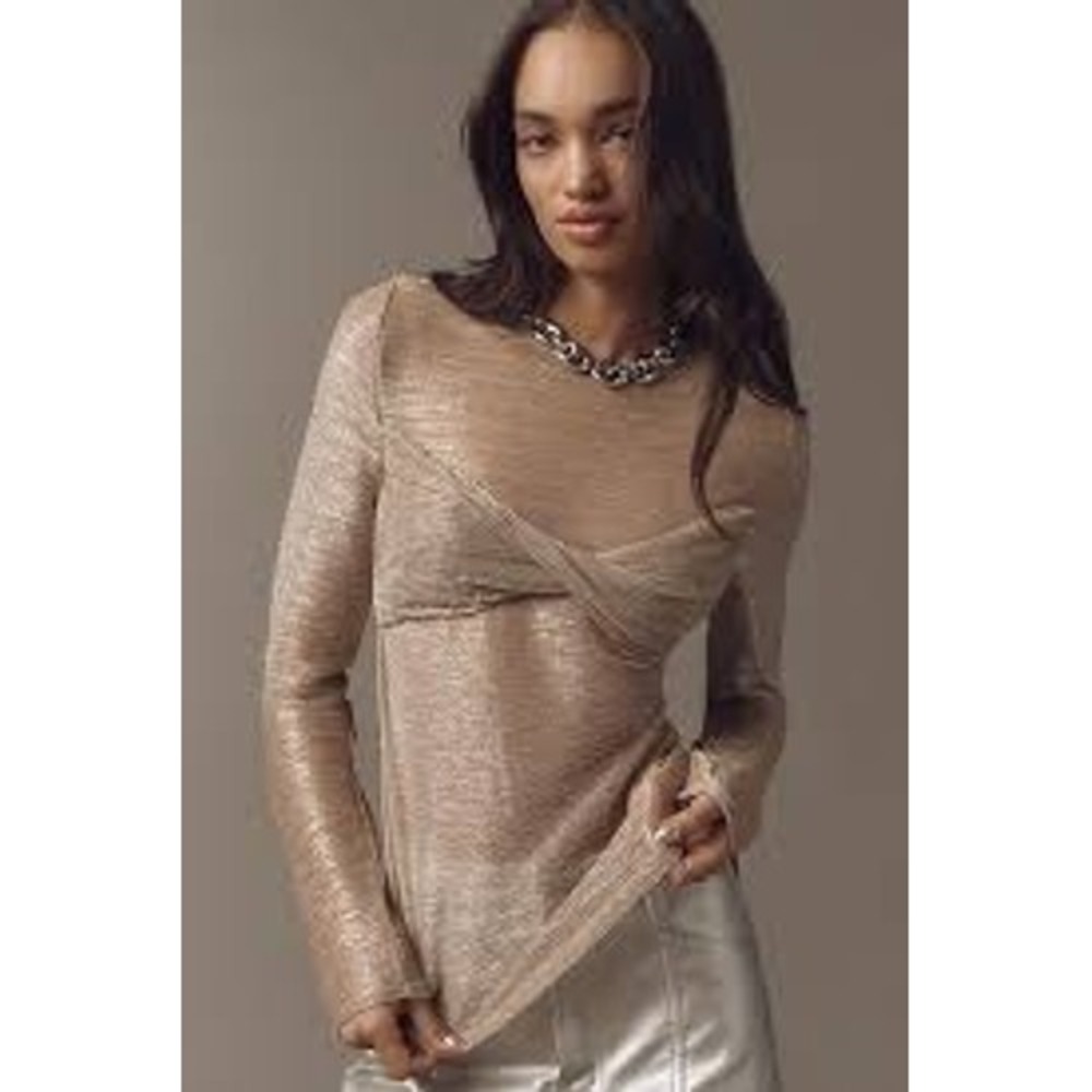 Anthropologie Top Women XL Gold Twisted Knot Metallic Long Sleeve Shimmer Sable - Picture 2 of 10